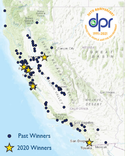 Map showing where the IPM Achievement Award winners are based, in Monterey, San Diego, Contra Costa, El Dorado and Marin counties.